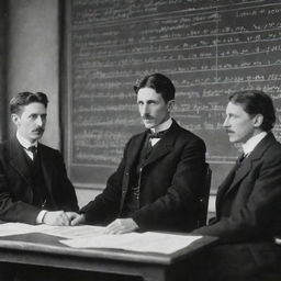 A university classroom with scientists Nikola Tesla, Albert Einstein, and Isaac Newton deeply in thought. Four boards are filled with intricate calculus and quantum calculations. Only Tesla is looking at the board while the others ponder intently.