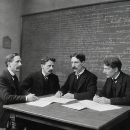 A university classroom with scientists Nikola Tesla, Albert Einstein, and Isaac Newton deeply in thought. Four boards are filled with intricate calculus and quantum calculations. Only Tesla is looking at the board while the others ponder intently.