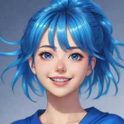 A detailed digital drawing of an Anime Girl dressed in blue, her eyes sparkling with the same hue. She has a vibrant hairstyle and an expressive smile, exuding a lively, infectiously joyful energy.