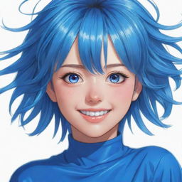 A detailed digital drawing of an Anime Girl dressed in blue, her eyes sparkling with the same hue. She has a vibrant hairstyle and an expressive smile, exuding a lively, infectiously joyful energy.