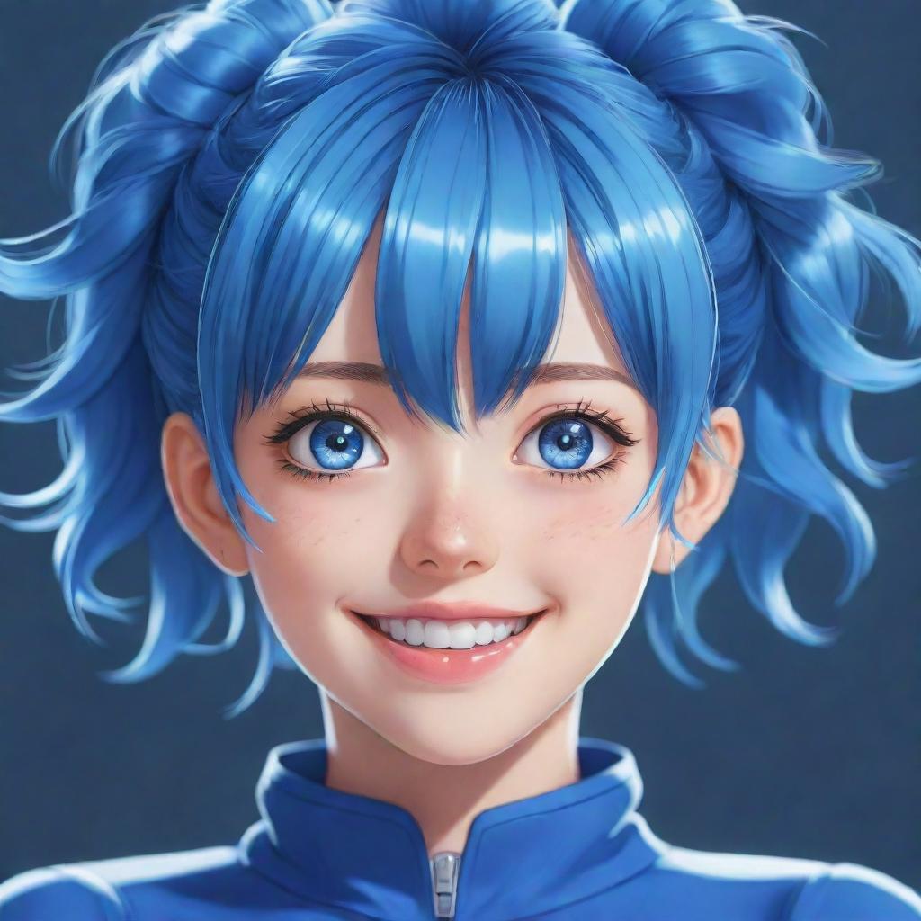 A detailed digital drawing of an Anime Girl dressed in blue, her eyes sparkling with the same hue. She has a vibrant hairstyle and an expressive smile, exuding a lively, infectiously joyful energy.