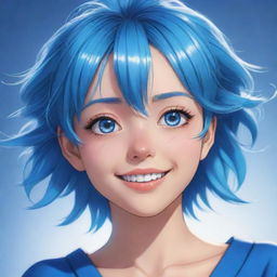 A detailed digital drawing of an Anime Girl dressed in blue, her eyes sparkling with the same hue. She has a vibrant hairstyle and an expressive smile, exuding a lively, infectiously joyful energy.