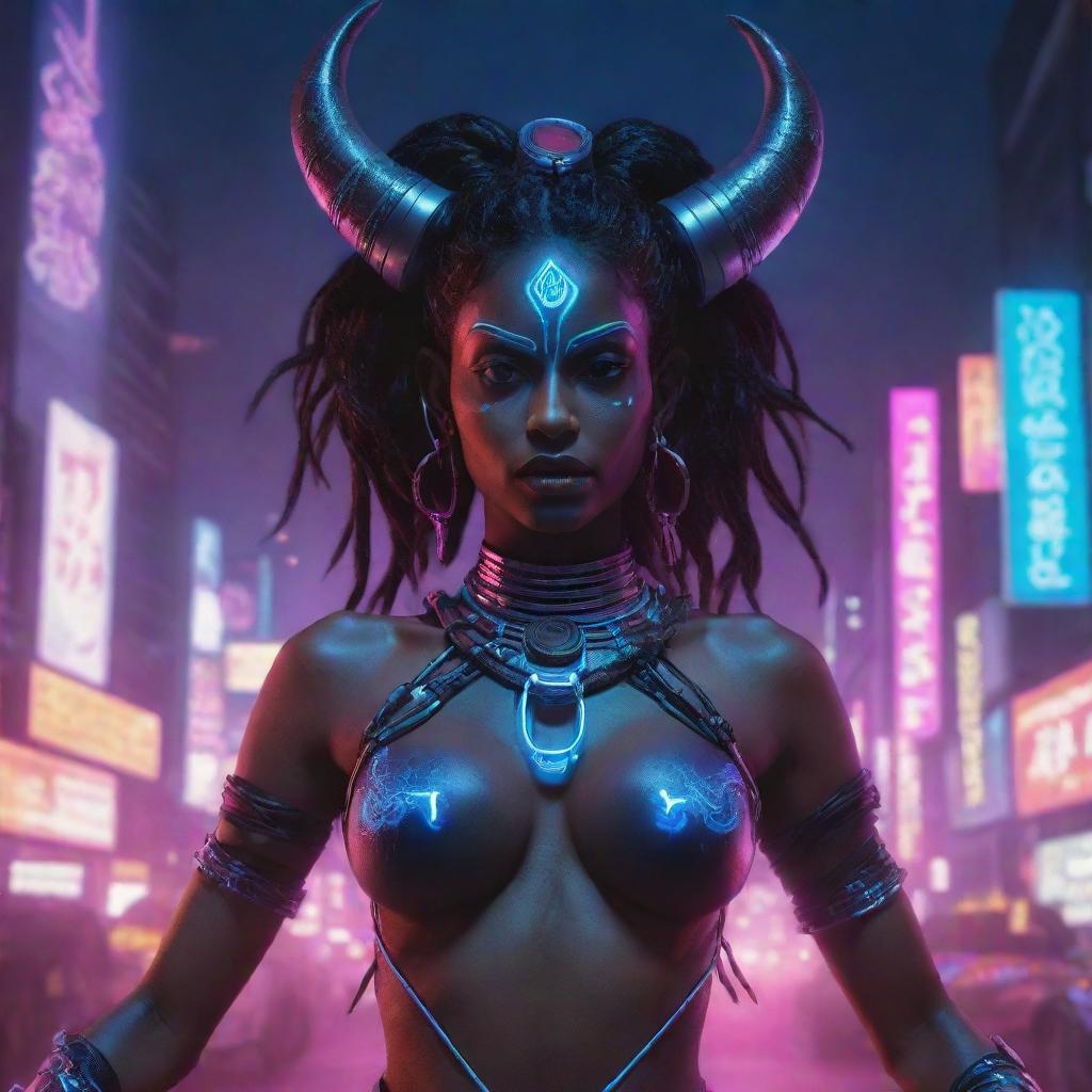 A fusion of cultural and genre elements, illustrating the Indian goddess Kali as a cyberpunk elf, with dark skin, multiple arms, pointy ears, dressed in futuristic attire, set in a neon-lit, high-tech urban landscape.