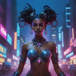 A fusion of cultural and genre elements, illustrating the Indian goddess Kali as a cyberpunk elf, with dark skin, multiple arms, pointy ears, dressed in futuristic attire, set in a neon-lit, high-tech urban landscape.