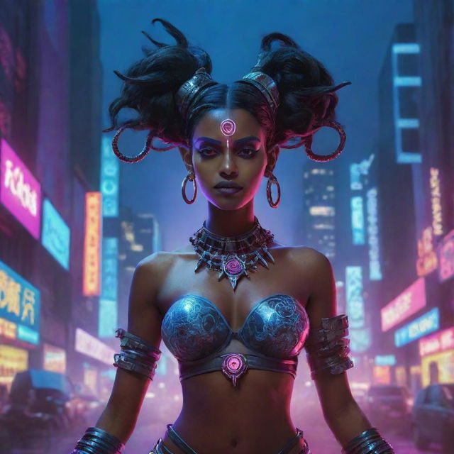 A fusion of cultural and genre elements, illustrating the Indian goddess Kali as a cyberpunk elf, with dark skin, multiple arms, pointy ears, dressed in futuristic attire, set in a neon-lit, high-tech urban landscape.