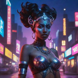 A fusion of cultural and genre elements, illustrating the Indian goddess Kali as a cyberpunk elf, with dark skin, multiple arms, pointy ears, dressed in futuristic attire, set in a neon-lit, high-tech urban landscape.