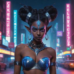 A fusion of cultural and genre elements, illustrating the Indian goddess Kali as a cyberpunk elf, with dark skin, multiple arms, pointy ears, dressed in futuristic attire, set in a neon-lit, high-tech urban landscape.