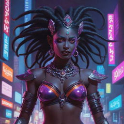 A unique fusion illustration of Indian goddess Kali rendered as a cyberpunk elf, featuring her traditional dark skin, multiple arms, combined with elfin traits and outfitted in futuristic cybernetic attire amidst a neon-saturated metropolis.