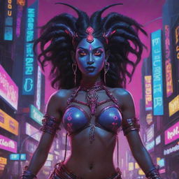 A unique fusion illustration of Indian goddess Kali rendered as a cyberpunk elf, featuring her traditional dark skin, multiple arms, combined with elfin traits and outfitted in futuristic cybernetic attire amidst a neon-saturated metropolis.