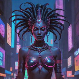 A unique fusion illustration of Indian goddess Kali rendered as a cyberpunk elf, featuring her traditional dark skin, multiple arms, combined with elfin traits and outfitted in futuristic cybernetic attire amidst a neon-saturated metropolis.