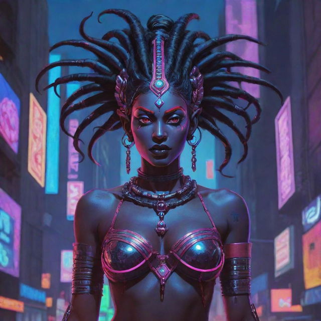 A unique fusion illustration of Indian goddess Kali rendered as a cyberpunk elf, featuring her traditional dark skin, multiple arms, combined with elfin traits and outfitted in futuristic cybernetic attire amidst a neon-saturated metropolis.