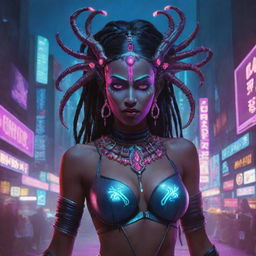 A unique fusion illustration of Indian goddess Kali rendered as a cyberpunk elf, featuring her traditional dark skin, multiple arms, combined with elfin traits and outfitted in futuristic cybernetic attire amidst a neon-saturated metropolis.