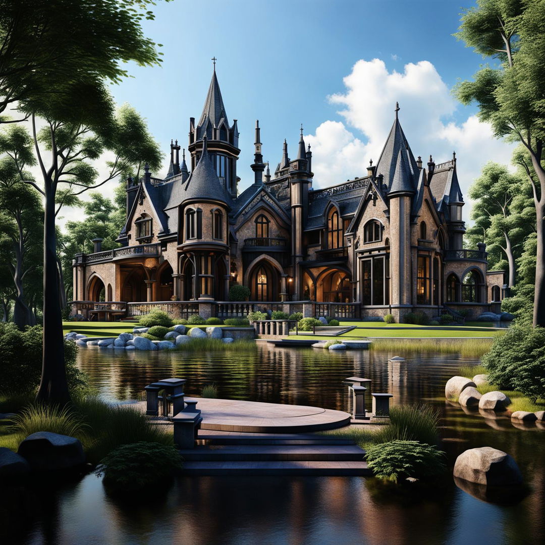 Hyper-realistic 32k image of a modern lake house, blending Gothic Revival architecture with contemporary design. Dark stone and glass exterior with pointed arches motif, situated by a serene lake. Interior features high ceilings, open floor plan, stone fireplace, and a kitchen with modern appliances and traditional woodwork.