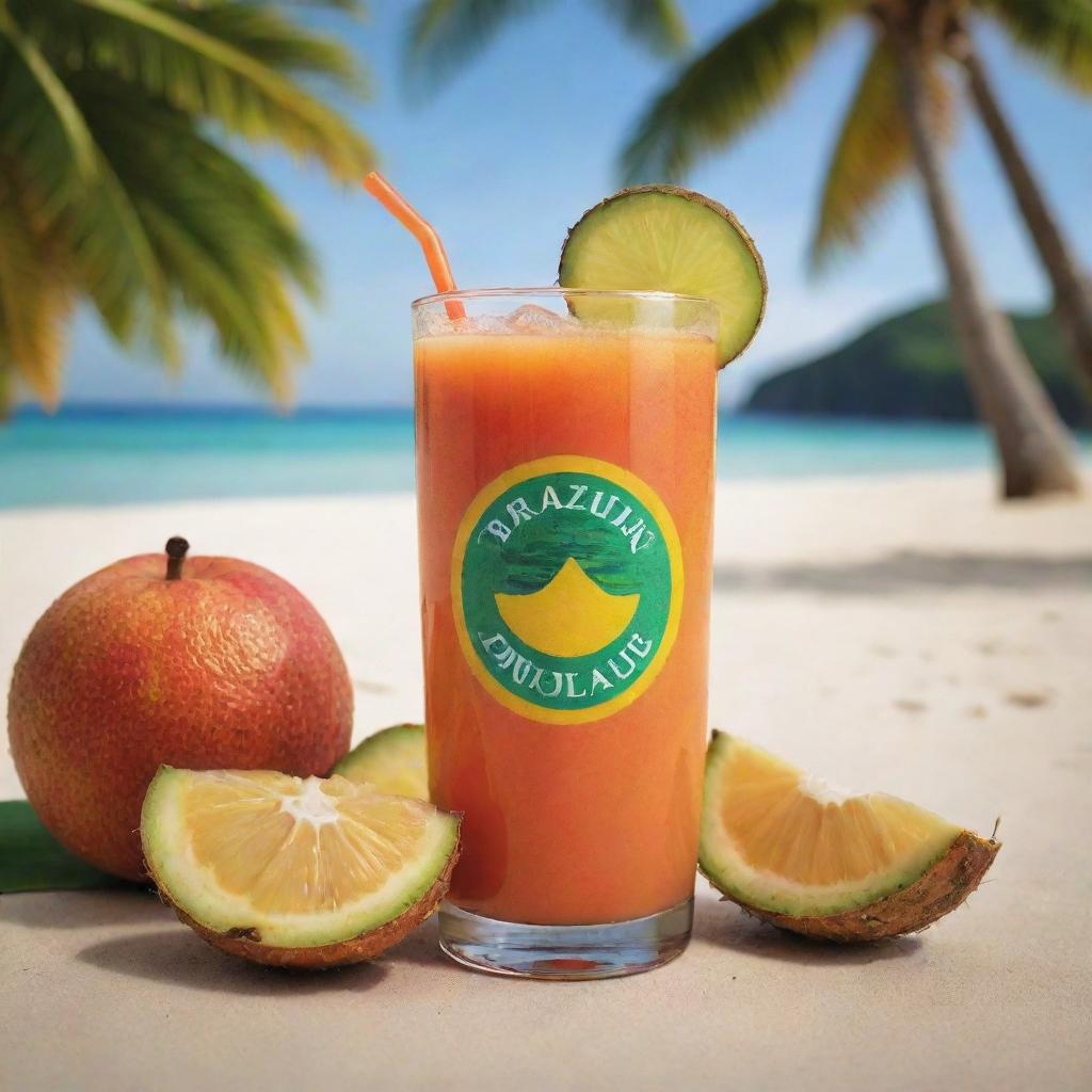 Generate an image of a refreshing and delicious Brazilian juice, capturing the essence of tropical fruits in a warm beach setting.