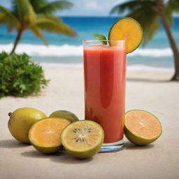 Generate an image of a refreshing and delicious Brazilian juice, capturing the essence of tropical fruits in a warm beach setting.