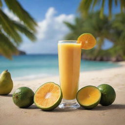 Generate an image of a refreshing and delicious Brazilian juice, capturing the essence of tropical fruits in a warm beach setting.