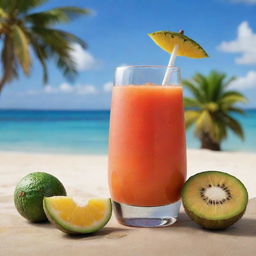 Generate an image of a refreshing and delicious Brazilian juice, capturing the essence of tropical fruits in a warm beach setting.
