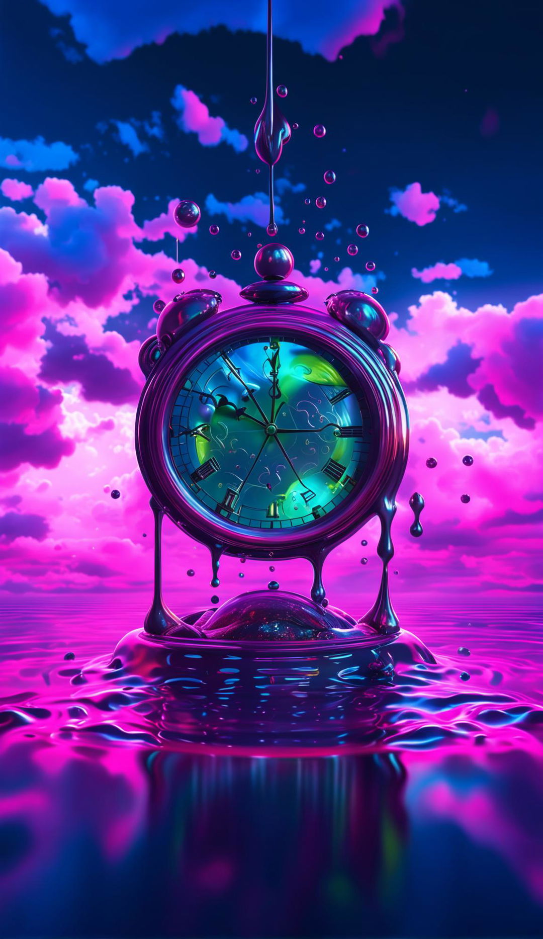 A 4K hyper-realistic digital art piece featuring a surreal dreamscape with a melting clock, magenta clouds and neon green rain with glowing droplets, rendered with Redshift and enhanced with HDR and cinematic lighting.