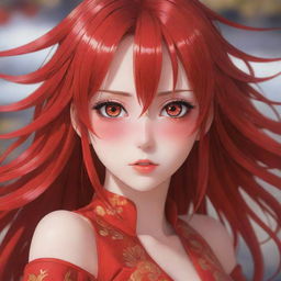 Anime girl dressed in brilliant red, with vibrant, expressive eyes conveying emotion and intricate hair details, standing against a serene background.