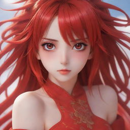 Anime girl dressed in brilliant red, with vibrant, expressive eyes conveying emotion and intricate hair details, standing against a serene background.