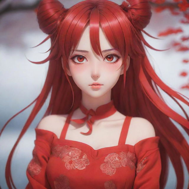 Anime girl dressed in brilliant red, with vibrant, expressive eyes conveying emotion and intricate hair details, standing against a serene background.