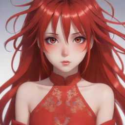 Anime girl dressed in brilliant red, with vibrant, expressive eyes conveying emotion and intricate hair details, standing against a serene background.