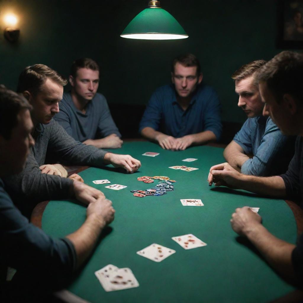 A tense poker game in a dimly lit room, with players focusing intently on their cards. The green felt table is strewn with chips and cards, while the players display a range of emotions.