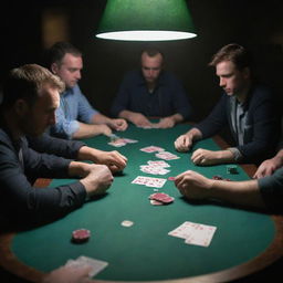 A tense poker game in a dimly lit room, with players focusing intently on their cards. The green felt table is strewn with chips and cards, while the players display a range of emotions.