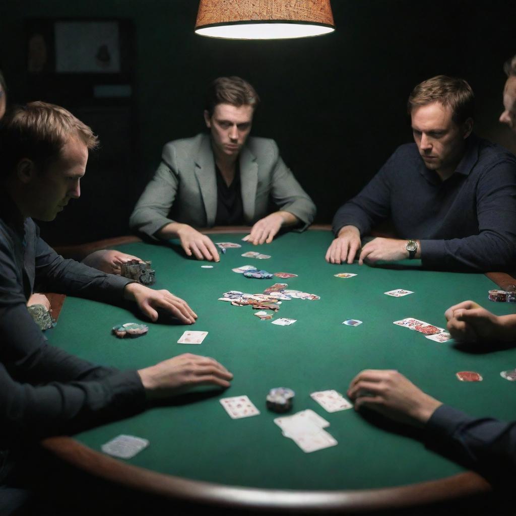 A tense poker game in a dimly lit room, with players focusing intently on their cards. The green felt table is strewn with chips and cards, while the players display a range of emotions.