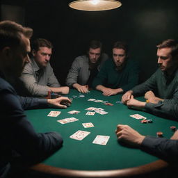 A tense poker game in a dimly lit room, with players focusing intently on their cards. The green felt table is strewn with chips and cards, while the players display a range of emotions.