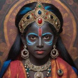 A tender interpretation of the Indian goddess Kali as a young girl, retaining her traditional dark skin and symbolic elements, but with a youthful innocence in her eyes, dressed in colorful traditional attire against a spiritual backdrop.