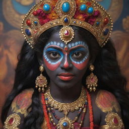 A tender interpretation of the Indian goddess Kali as a young girl, retaining her traditional dark skin and symbolic elements, but with a youthful innocence in her eyes, dressed in colorful traditional attire against a spiritual backdrop.