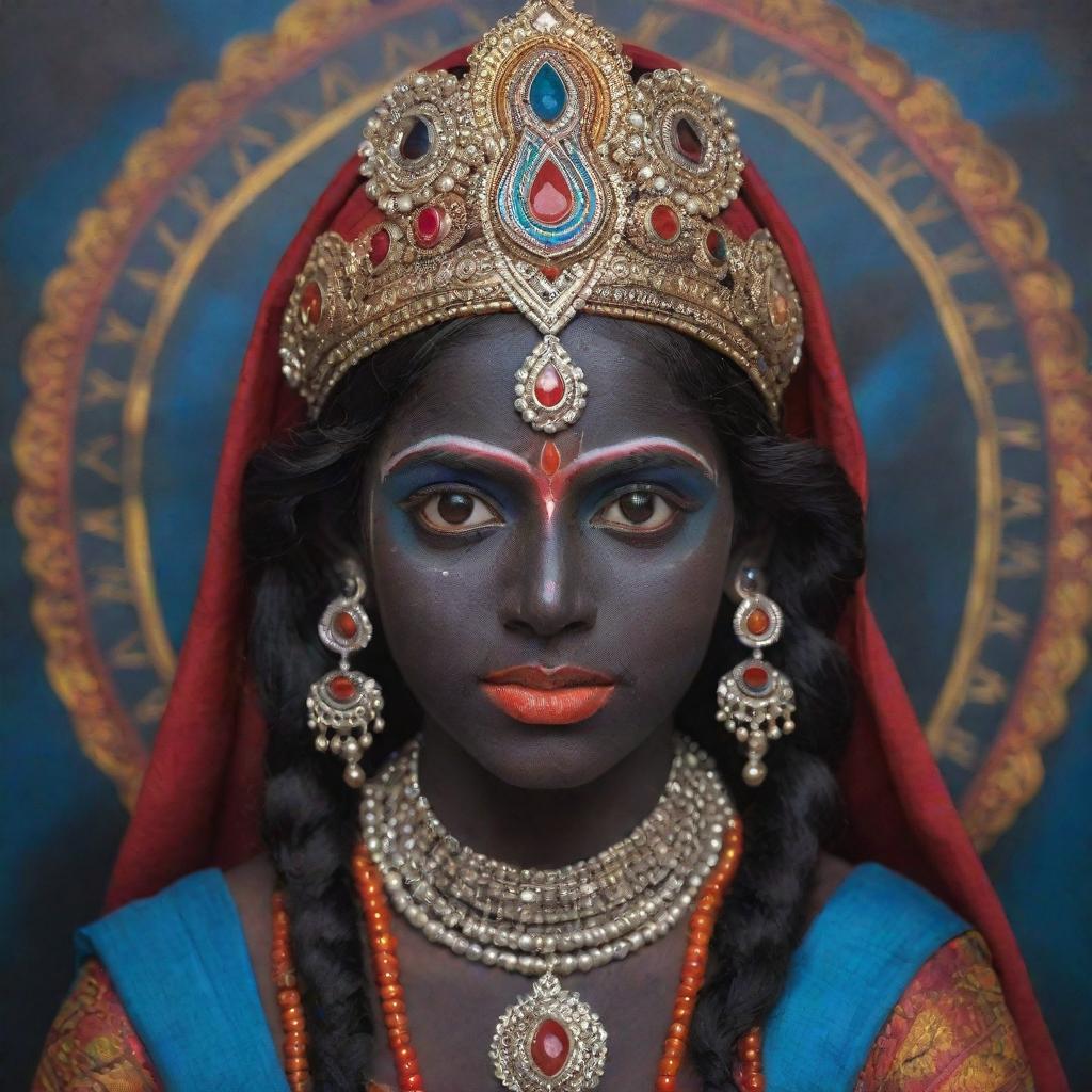 A tender interpretation of the Indian goddess Kali as a young girl, retaining her traditional dark skin and symbolic elements, but with a youthful innocence in her eyes, dressed in colorful traditional attire against a spiritual backdrop.