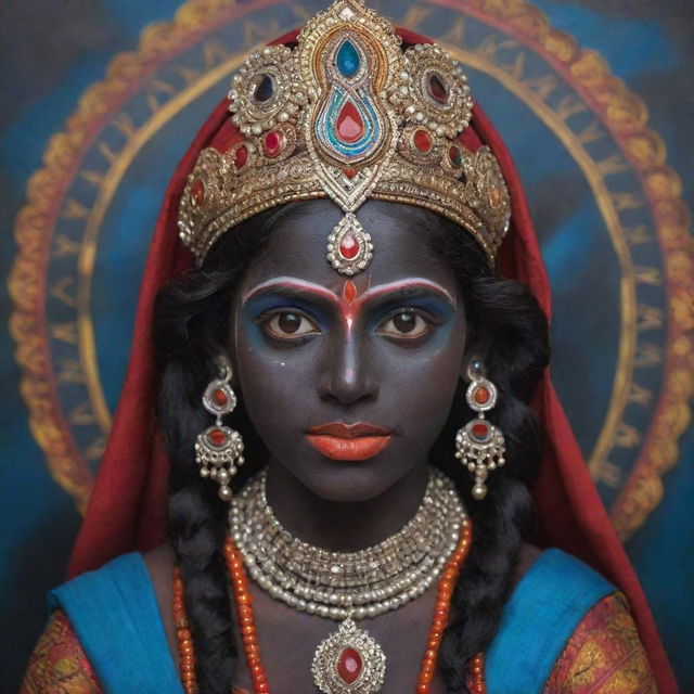 A tender interpretation of the Indian goddess Kali as a young girl, retaining her traditional dark skin and symbolic elements, but with a youthful innocence in her eyes, dressed in colorful traditional attire against a spiritual backdrop.