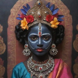 A tender interpretation of the Indian goddess Kali as a young girl, retaining her traditional dark skin and symbolic elements, but with a youthful innocence in her eyes, dressed in colorful traditional attire against a spiritual backdrop.