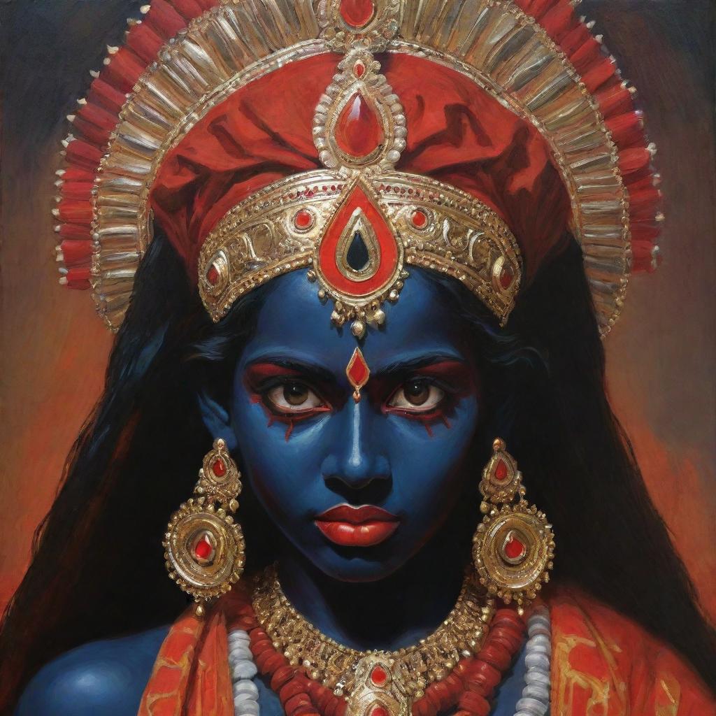 An artistic representation of the Indian goddess Kali as a young girl, featuring her traditional dark skin and vivid red eyes, adorned in vibrant traditional attire, embodying divine power and youthful innocence.