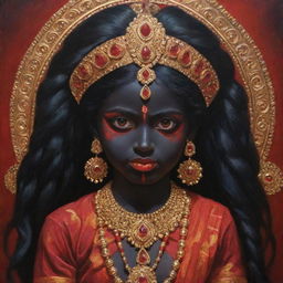 An artistic representation of the Indian goddess Kali as a young girl, featuring her traditional dark skin and vivid red eyes, adorned in vibrant traditional attire, embodying divine power and youthful innocence.