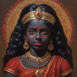 An artistic representation of the Indian goddess Kali as a young girl, featuring her traditional dark skin and vivid red eyes, adorned in vibrant traditional attire, embodying divine power and youthful innocence.