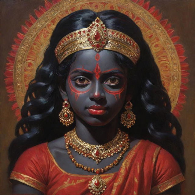 An artistic representation of the Indian goddess Kali as a young girl, featuring her traditional dark skin and vivid red eyes, adorned in vibrant traditional attire, embodying divine power and youthful innocence.