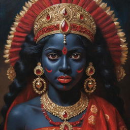 An artistic representation of the Indian goddess Kali as a young girl, featuring her traditional dark skin and vivid red eyes, adorned in vibrant traditional attire, embodying divine power and youthful innocence.