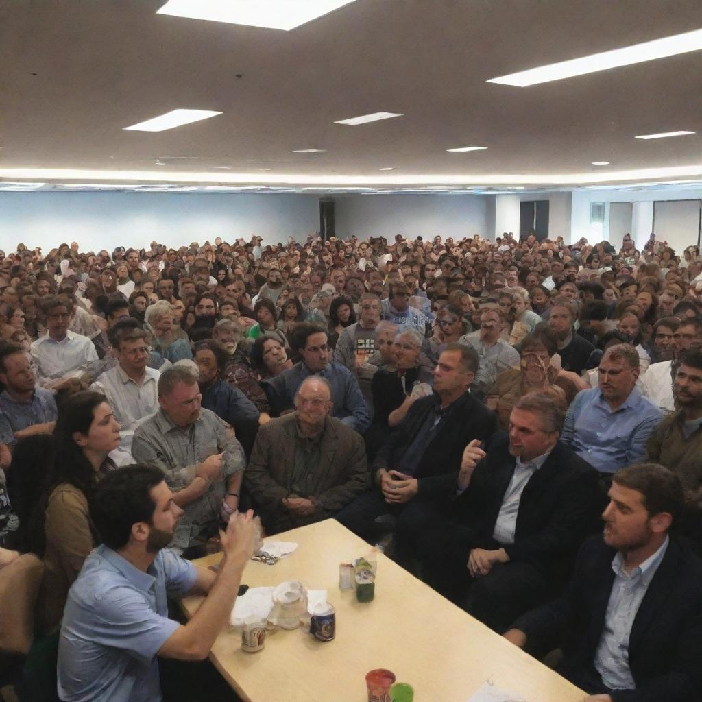 A large, diverse crowd of people expressing support for Gaza at a human rights society meeting. Inside the same space, separated by glass walls, some society administrators are caught up in an intense poker game and a PlayStation war game.