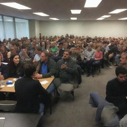 A large, diverse crowd of people expressing support for Gaza at a human rights society meeting. Inside the same space, separated by glass walls, some society administrators are caught up in an intense poker game and a PlayStation war game.