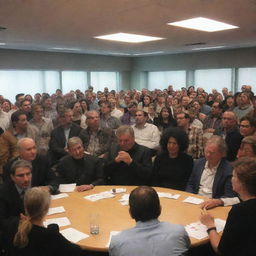 A large, diverse crowd of people expressing support for Gaza at a human rights society meeting. Inside the same space, separated by glass walls, some society administrators are caught up in an intense poker game and a PlayStation war game.