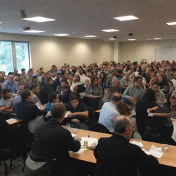 A large, diverse crowd of people expressing support for Gaza at a human rights society meeting. Inside the same space, separated by glass walls, some society administrators are caught up in an intense poker game and a PlayStation war game.