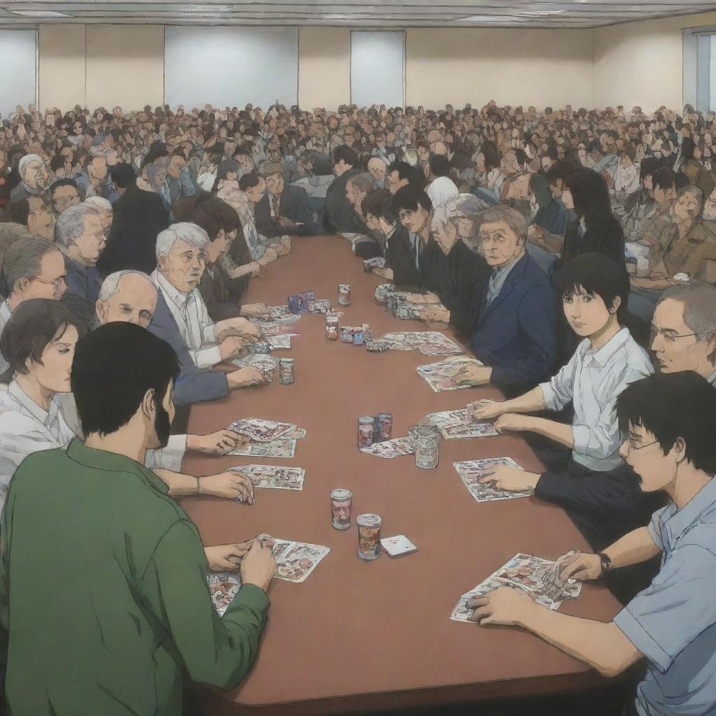 In an anime style, depict a large, diverse group of people inside a human rights society expressing support for Gaza. Separately, inside the same space, society administrators are involved in an intense poker game and a PlayStation war game.