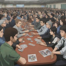 In an anime style, depict a large, diverse group of people inside a human rights society expressing support for Gaza. Separately, inside the same space, society administrators are involved in an intense poker game and a PlayStation war game.