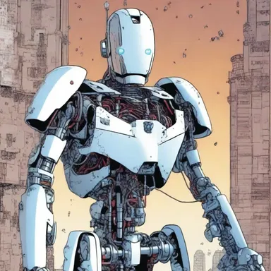 In the comic book series, the main character's reification as a robot symbolizes the loss of humanity in a technologically advanced society.