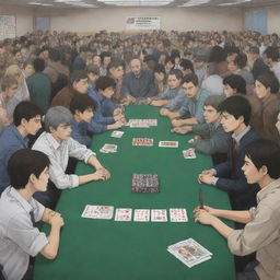 In an anime style, depict a large, diverse group of people inside a human rights society expressing support for Gaza. Separately, inside the same space, society administrators are involved in an intense poker game and a PlayStation war game.