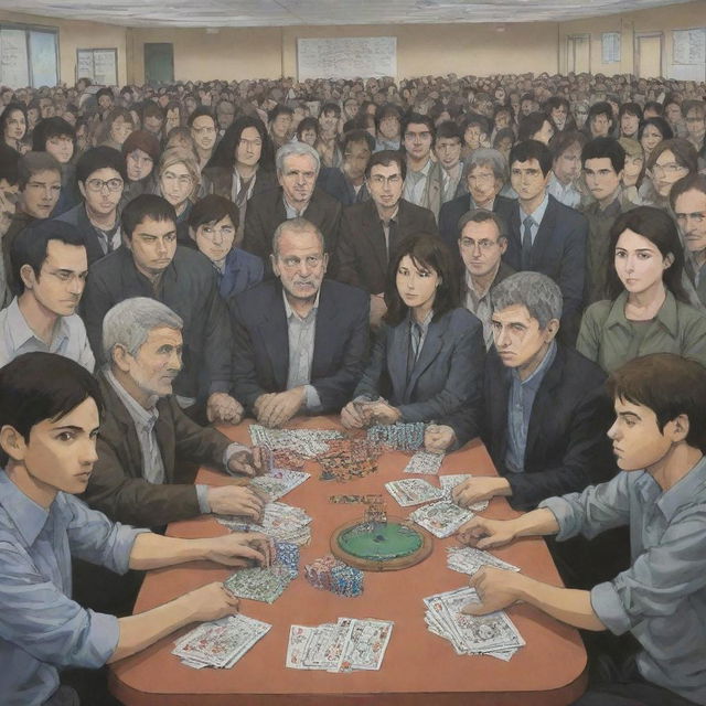 In an anime style, depict a large, diverse group of people inside a human rights society expressing support for Gaza. Separately, inside the same space, society administrators are involved in an intense poker game and a PlayStation war game.