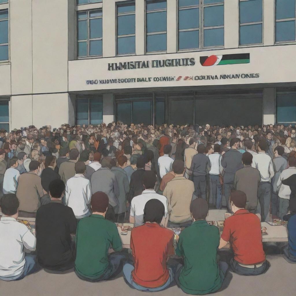 In an anime style, illustrate a large, diverse group of people outside a human rights society building, displaying their support for Gaza. Inside the building, administrators are engrossed in an intense poker game and a PlayStation war game.